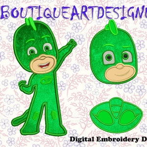 May include: Three digital embroidery designs featuring a green cartoon character with a mask, a green mask, and a green symbol. The character is wearing a green suit with a green mask and has a green symbol on the chest. The mask is a close-up of the character's face. The symbol is a stylized version of the character's mask.