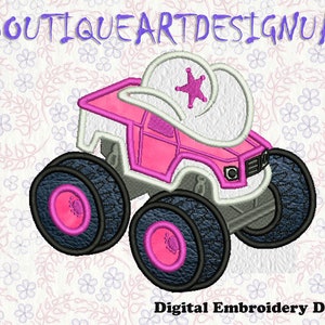May include: Pink monster truck with a white cowboy hat featuring a pink star. The truck has large black tyres with pink rims. Digital Embroidery Designs.