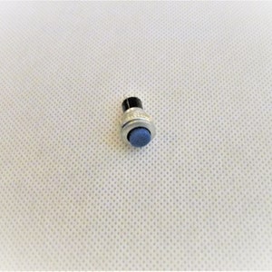 May include: A small, round, blue push button switch with a silver metal housing and a black plastic base.