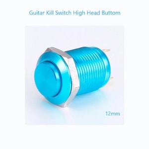 May include: A blue metal push button switch with a 12mm diameter. The switch has a silver trim around the button and three gold-coloured terminals.