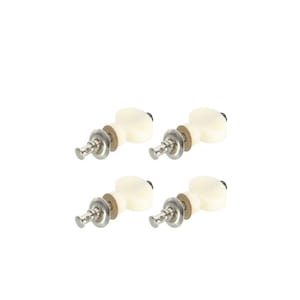 May include: Four white guitar tuning pegs with silver metal parts. The pegs are designed to be used on an acoustic or electric guitar.