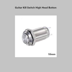 Könnte beinhalten: Ein silberfarbener Metall-Druckknopf für Gitarren, bezeichnet als Guitar Kill Switch High Head Button. Das Bauteil verfügt über einen zylindrischen Gewindekörper, einen runden Druckkopf, einen schwarzen O-Ring, zwei Kontaktstifte und 10mm Durchmesser.