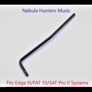 May include: Black L-shaped guitar tremolo arm wrench. The image includes the text "Nebula Hunters Music" and "Fits Edge III/FAT 10/SAT Pro II Systems". The wrench is designed for guitar maintenance and adjustments.