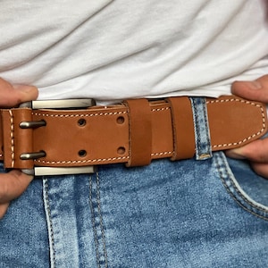 Personalized Double Prong Leather Belt for Men - Engraved Two-Hole Buckle Father's Day Gift