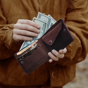 Cartera personalizada para hombre, de piel flor, regalo para el Día del Padre, monedero de piel personalizado, cartera plegable de piel marrón.