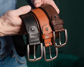 Set of Stitched Leather Belts, Set of Black Brown & Dark Brown Leather Stitched Belts for Men, Classic Black and Brown Stitched Mens Belt