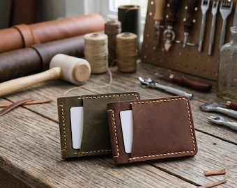 Personalized Leather Money Clip Wallet, Slim Vertical Card Holder for Men, Handmade Minimalist Front Pocket Wallet, Custom Groomsmen Gift