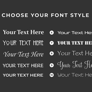 May include: Image displaying ten font style options with the text "CHOOSE YOUR FONT STYLE" at the top. Each font style is numbered and shows the text "Your Text Here" in a different font. The background is a dark gray color.