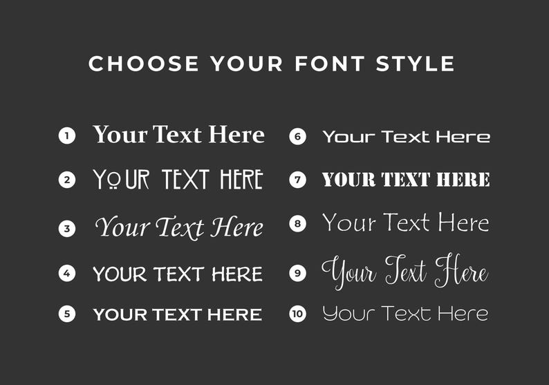 May include: Image displaying ten font style options with the text "CHOOSE YOUR FONT STYLE" at the top. Each font style is numbered and shows the text "Your Text Here" in a different font. The background is a dark gray color.