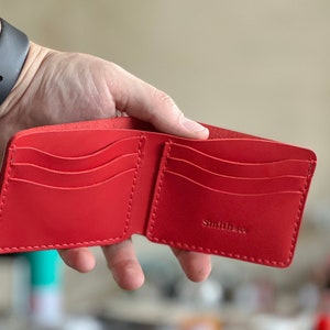 Cartera plegable de cuero rojo personalizada para hombre - Bolsillo frontal grabado - Regalo para el Día del Padre