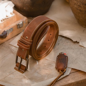 Handmade Brown Leather Belt with Heavy Buckle – Anniversary Gift for Husband, Boyfriend, Dad | Unique Christmas Gift for Him