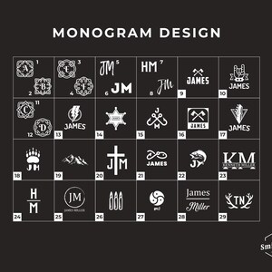 May include: A black background displays a grid of 29 white monogram designs. The text "MONOGRAM DESIGN" is at the top. The Smith & Co logo is at the bottom right. Each design features initials, symbols, or names.
