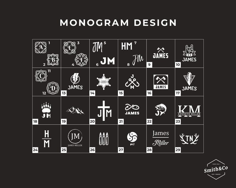 May include: A black background displays a grid of 29 white monogram designs. The text "MONOGRAM DESIGN" is at the top. The Smith & Co logo is at the bottom right. Each design features initials, symbols, or names.