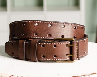 Handmade Full-Grain Leather Double-Hole Belt: Personalized Initial Buckle, Valentines Day Gift for Men, 3rd Anniversary Leather Mens Gift