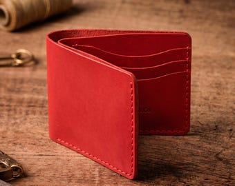 Red Italian Leather Bifold: A Hand-Stitched Legacy. Personalized Unique Wallet + COMPLIMENTARY Natural Leather Wax.