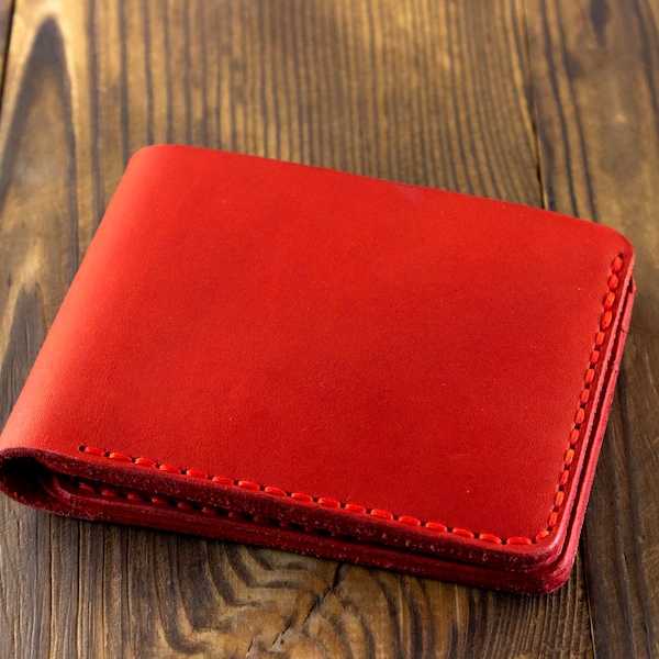 Personalized Leather Red Wallet, Fathers Day Gift, Front Pocket Mens Bifold, Custom Leather Mens Wallet, Engraved Bifold Wallet for Men