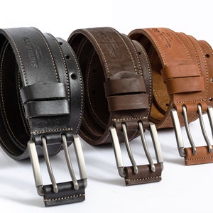 Double Hole Leather Belt with Double Prong Buckle, Birthday Leather Gift, Heavy Duty Leather Belt for Man, Double Prong Leather Mens Belt
