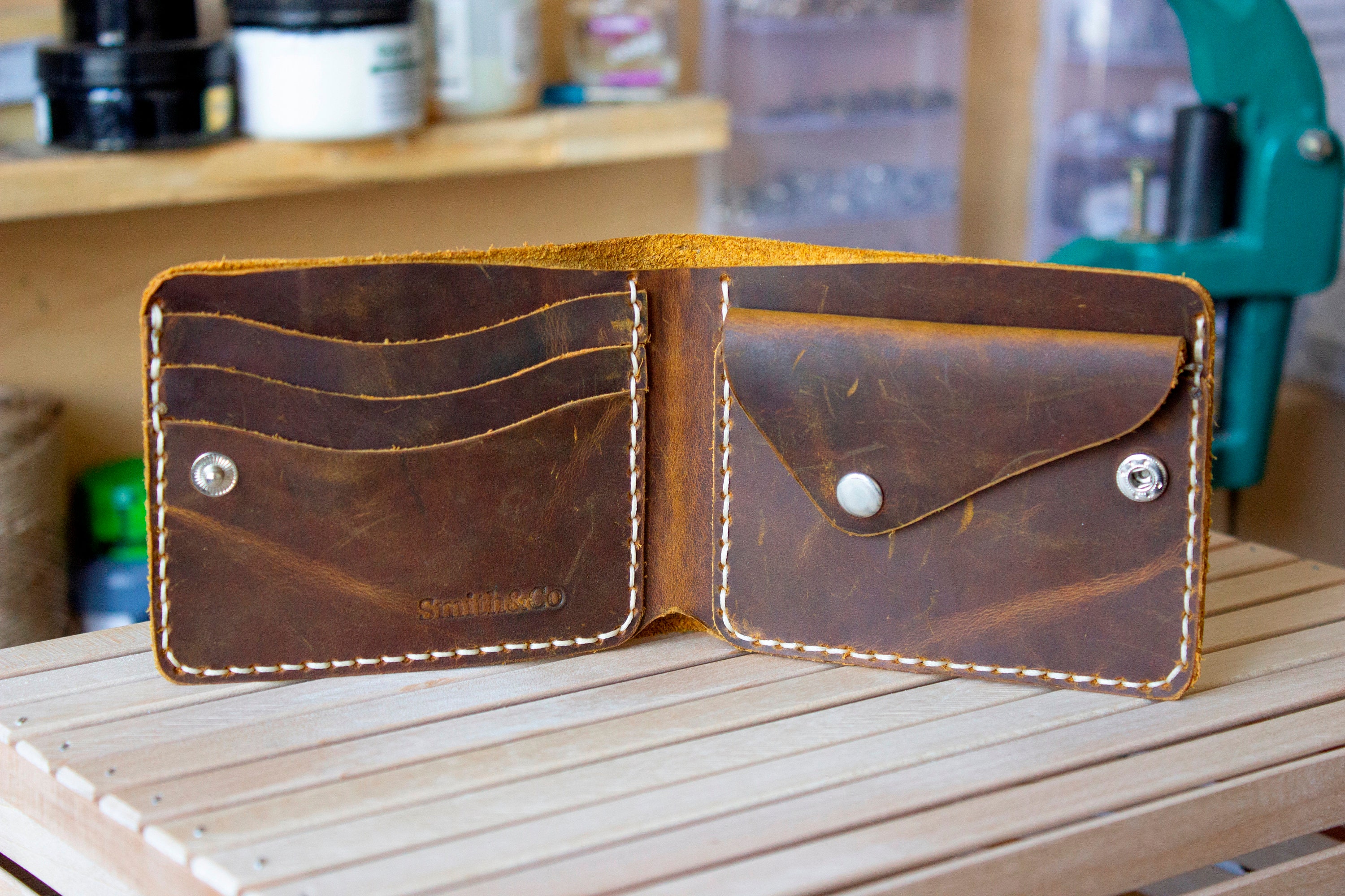 Leather Bifold Wallet with Coin Pocket Personalized Mens Etsy