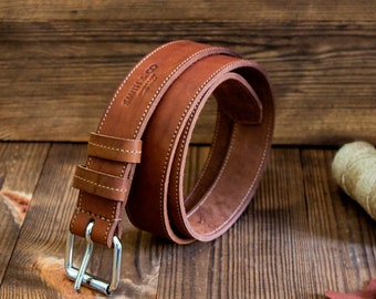 Thick Handmade Leather Belt, Full-Grain Leather Personalized Belt for Men, Brown Stitched Belt, Mens Leather Belt with Heavy Duty Buckle
