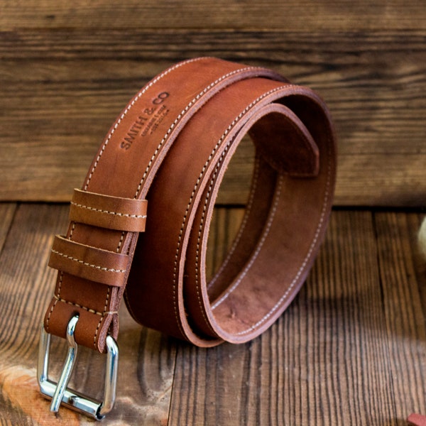 Ceinture en cuir épaisse faite main, Ceinture personnalisée en cuir pleine fleur pour homme, Ceinture surpiquée marron, Ceinture en cuir pour homme avec boucle résistante