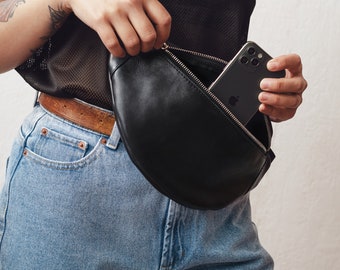 Black Leather Fanny Pack, Mother's Day Gift, Festival Leather Cross Body Bag, Leather Waist Bag, Leather Hip Bag, Womens Leather Crossbody