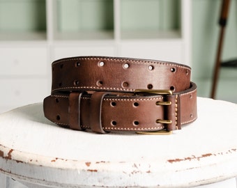 Unique Double Hole Mens Belt, Custom Double Prong Leather Belt, Whole Double Hole Full-Grain Leather Belt, Brown Leather Two Hole Mens Belt