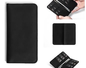 Long portefeuille en cuir pleine fleur noir : porte-cartes et téléphone personnalisés, cadeau en cuir pour la Saint-Valentin pour elle et pour lui
