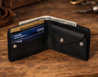Personalized Black Leather Bifold Wallet with Coin Pocket, Engraved or Embossed
