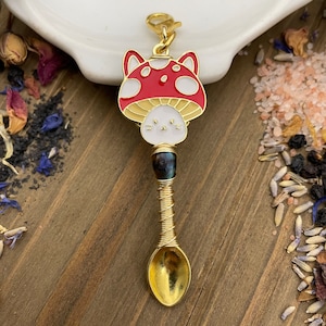 Gold Mushroom Cat Stone Wire Wrap Pendant Necklace Custom Gemstone Teapoon Spices Ritual Incense Honey Beads Witch Salts Illness Awareness