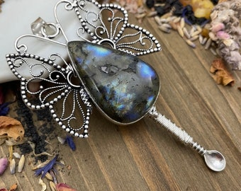 Labradorite Butterfly Stone Wire Wrap Pendant Necklace Tea Spices Witch Salts Incense Beads Glitter Mica Chronic Illness Awareness