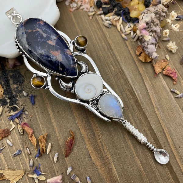 Sodalite Shiva Shell Moonstone Tiger Eye Wire Wrap Stone Pendant Necklace Tea Spices Witch Salts Incense Beads Chronic Illness Awareness