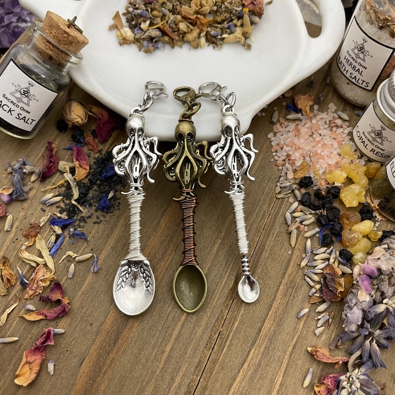 Octopus Wire Wrap Pendant Necklace Silver Bronze Tea Spices Witch Spell Salts Ritual Incense Glitter Beads Chronic Illness Awareness image 5