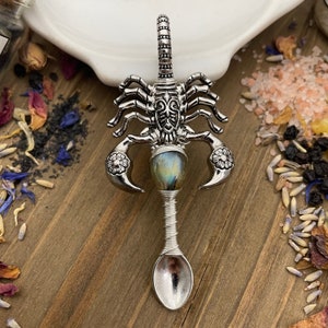 Puede incluir: Una cuchara de plata con forma de escorpión con una piedra preciosa iridiscente en el centro. La cuchara está hecha a mano y tiene un diseño detallado.