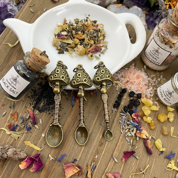 Bronze Mushroom Wire Wrap Necklace Tea Spices Beads Witch Spell Salts  Ritual Incense Glitter Chronic Illness Awareness 