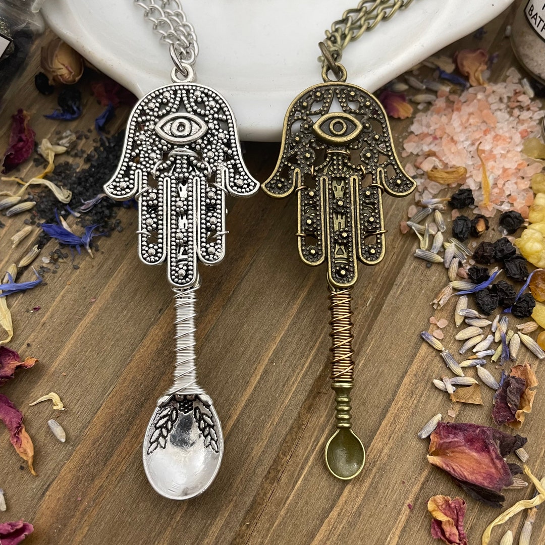 2pc Bronze Silver Hamsa Hand Wire Wrap Pendant Necklace Tea Spices ...