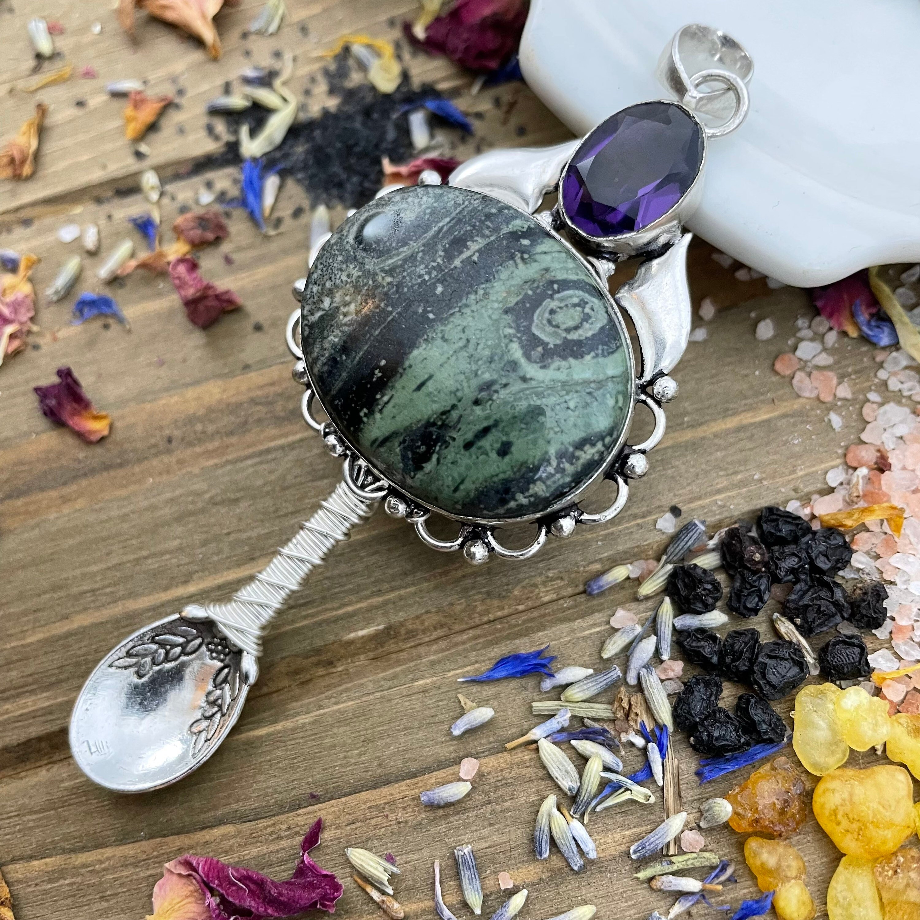 Kambaba Jasper Amethyst Wire Wrap Spoon Pendant Necklace Tea Herb Spices Beads Witch Spell Salts Ritual Incense Spoonie Illness Awareness