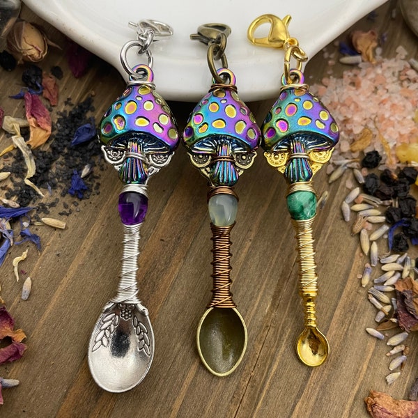Rainbow Mushroom Stone Wire Wrap Pendant Necklace Custom Gemstone Tea Spices Ritual Incense Witch Salts Chronic Illness Awareness