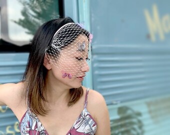 Butterfly Headpiece with Silver Birdcage Veil, Bachelorette Veil Headband, Butterfly Fascinator Veil for Wedding, Butterfly Hair Accessory,