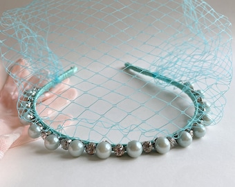 Mint Green Hair Accessory Pearl and Rhinestone, Pearl Veil Short, Birdcage Veil Headband, Vintage Wedding Veil, Bachelorette Fascinator