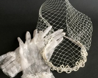 Ivory Birdcage Veil Headband: Bridal Rhinestone Bow Fascinator