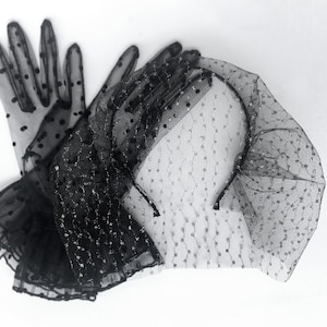 Faixa de cabeça com véu fascinador preta e dourada, véu gaiola preta, véu de bolinhas, véu de despedida de solteira, acessório de cabeça de rede preta, véu gótico preto