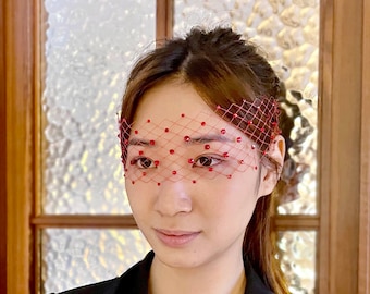 Red Crystal Face Veil: Vintage Hollywood Party, Masquerade Ball, Birthday Party Headpiece