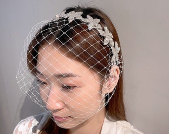 Wedding Birdcage Veil White Floral Rhinestone Headband Bachelorette Veil Headband Glamorous Veil Netting Headband