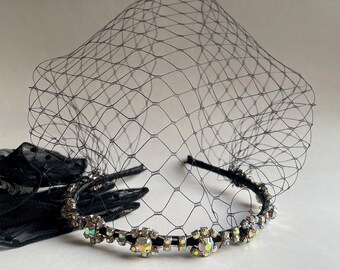 Black Rhinestone Birdcage Veil Royal Headband: Party Dinner Cocktail Fascinator