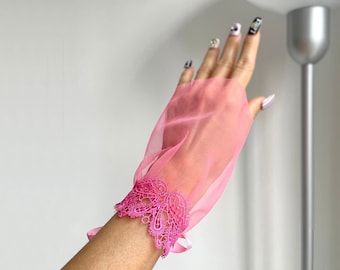 Hot Pink Embroidered Lace Tulle Gloves: Barbie Party Wrist Cuffs