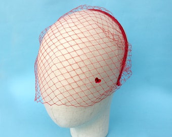 Red Fascinator Veil Headband, Rockabilly Wedding Veil, Red Birdcage Veil, Half Veil, Bridal Veil, Crystal Veil, Bachelorette Veil