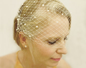 Wedding Birdcage Veil with Pearls, Bridal Fascinator Bandeau Veil, Pearl Headband, Small Birdcage Veil, Pearl Veil Comb, Pearl Hair