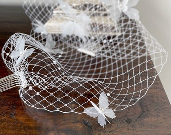 White Butterfly Birdcage Veil, Bridal Bandeau Veil, Wedding Veil, Bird Cage Veil, Short Wedding Veil, Bouffant Veil