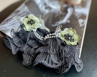 Black Ruffled Lace Cuffs with Floral Trim - Gothic Lolita Bracelet