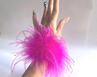 Hot Pink Ostrich Feather Cuffs: Glam Hollywood Wrist Accessory